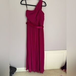Sophisticated Dessy Group One Shoulder Merlot Pleated Maxi Gown